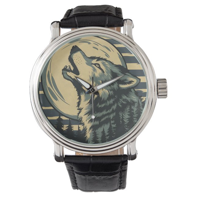 Reloj De Pulsera Teal Howling Wolf Moon Art (Anverso)