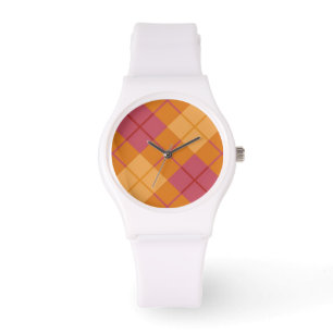 Reloj De Pulsera Tela escocesa diagonal en naranja y rosa