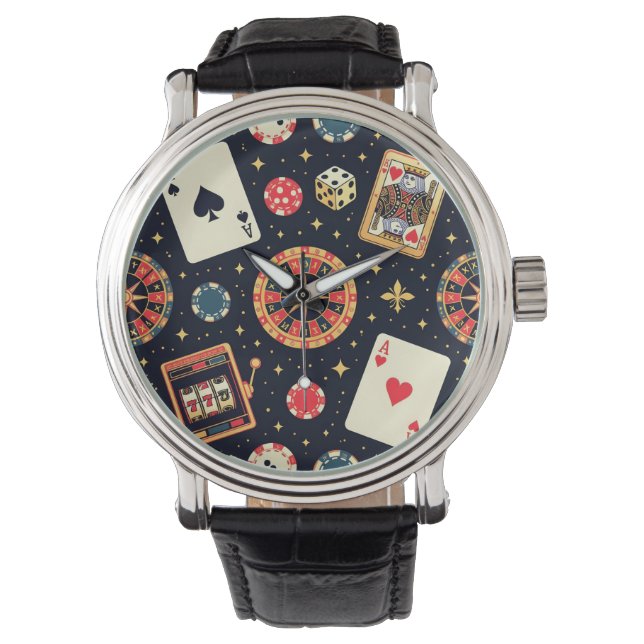 Reloj De Pulsera tema de patrón de casino en negro (Anverso)