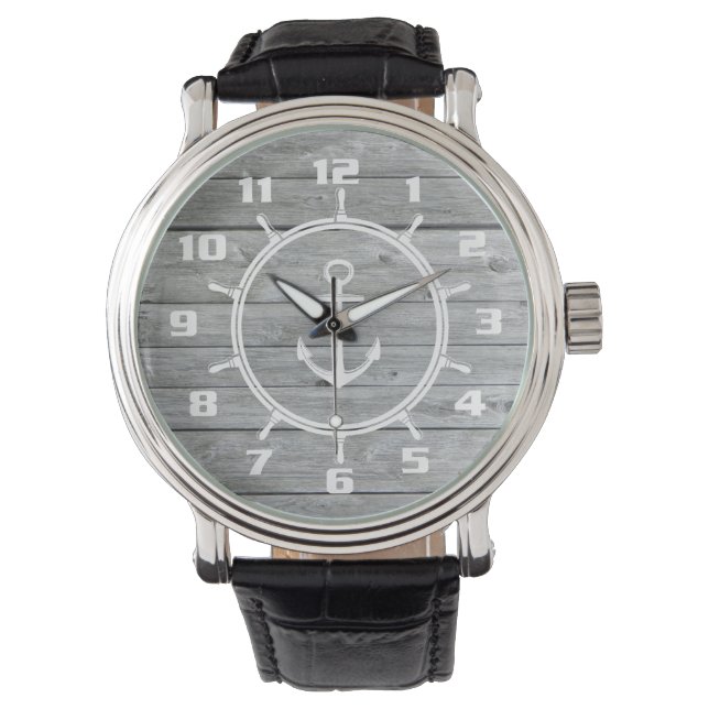 Reloj De Pulsera Tema náutico rústico de madera con apariencia auté (Anverso)