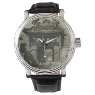 Reloj De Pulsera Templo imperial asiático en blanco y negro