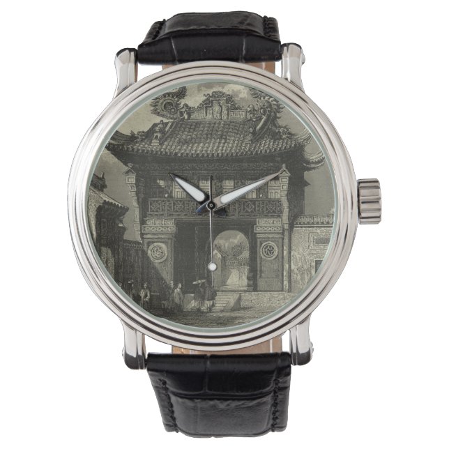Reloj De Pulsera Templo imperial asiático en blanco y negro (Anverso)