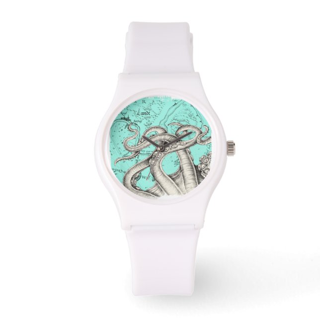 Reloj De Pulsera Tentacles Octopus Verde azulado Mapa de cosecha (Anverso)