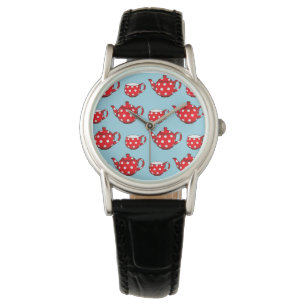 Reloj De Pulsera Tetera roja parca y patrón azul cúbico