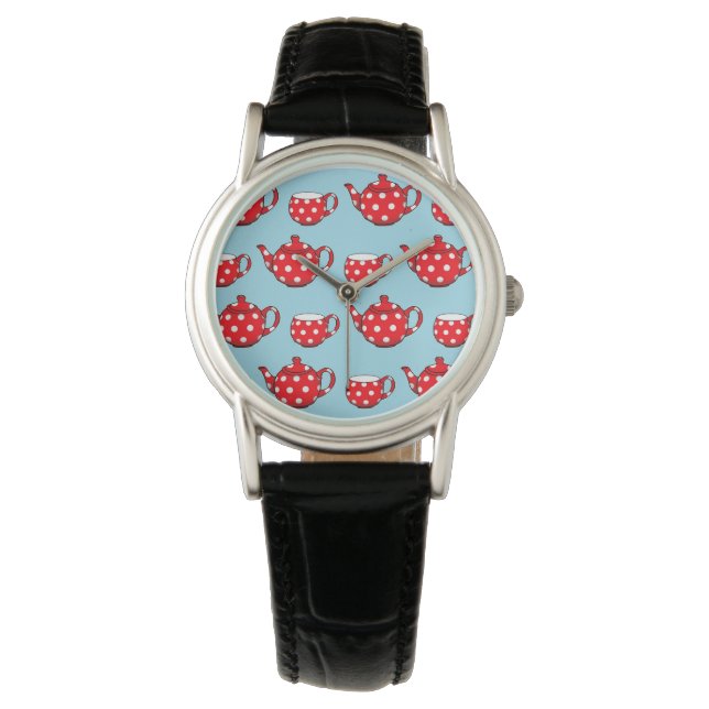 Reloj De Pulsera Tetera roja parca y patrón azul cúbico (Anverso)