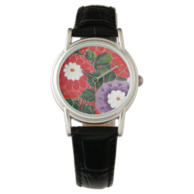 Reloj De Pulsera Textil japonés vintage - Dahlias rojas (Anverso)