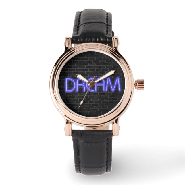 Reloj De Pulsera Texto DREAM en neón iluminado en ladrillo (Anverso)