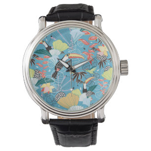 Reloj De Pulsera Textura tropical con turistas y colibríes