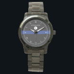 Reloj De Pulsera Thin Blue Line Serviceman Watch<br><div class="desc">Un elegante monograma blanco,  negro,  rayas azules con un punto para el nombre del destinatario del regalo y el nombre del monograma inicial. Un gran regalo para cualquiera que sea parte de la fuerza policial,  actualmente en servicio o jubilado.</div>