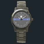 Reloj De Pulsera Thin Blue Line Serviceman Watch<br><div class="desc">Un elegante monograma blanco,  negro,  rayas azules con un punto para el nombre del destinatario del regalo y el nombre del monograma inicial. Un gran regalo para cualquiera que sea parte de la fuerza policial,  actualmente en servicio o jubilado.</div>