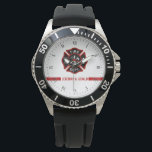Reloj De Pulsera Thin Red Line Custom Name Stripe Firefighter Theme<br><div class="desc">Eres parte de la legión del rescate por incendios. Celebra esto con este reloj de personalizado que pone el nombre de tu destinatario de regalo en rojo a lo largo de la continua y delgada línea roja a lo largo del centro inferior del reloj. Más cerca del centro, el símbolo...</div>