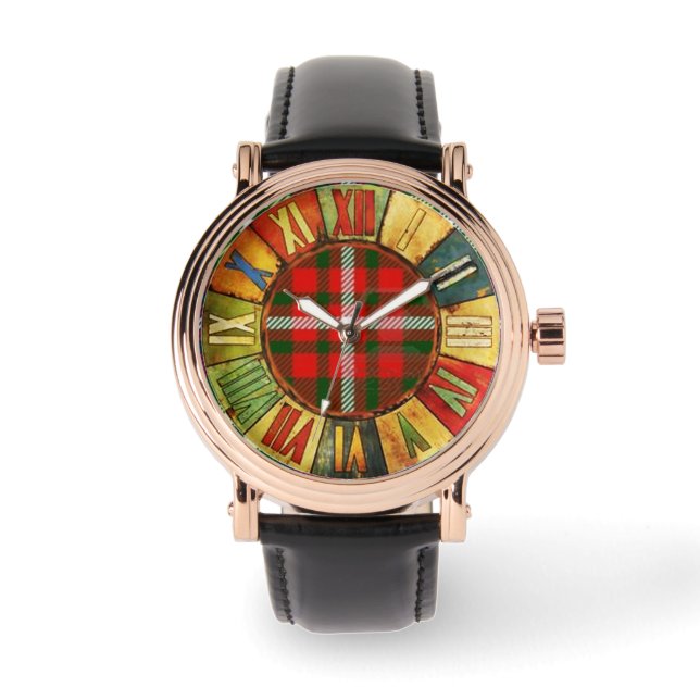 RELOJ DE PULSERA TIEMPO COLORIDO CON TARTÁN VERDE ROJO (Anverso)