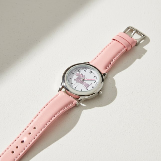 Reloj De Pulsera Tiempo de dosis con Punto de Polka Rosa Dachshund (Pink dachshund watch for little girls - learn to tell time)