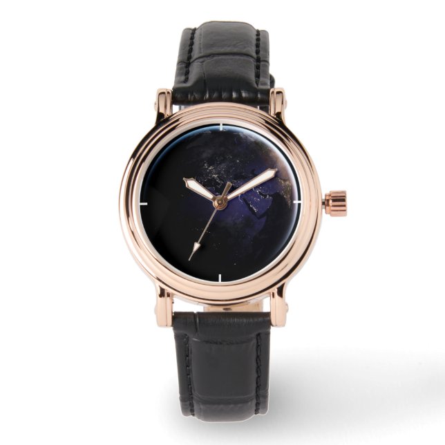 Reloj De Pulsera Tierra Llena Que Muestra Luces De La Ciudad De Eur (Anverso)