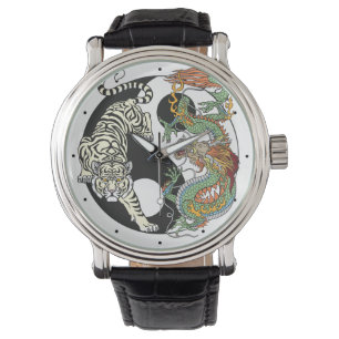 Reloj De Pulsera Tigre blanco contra dragón verde en Yin yang wa