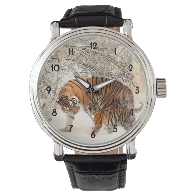Reloj De Pulsera Tigre con cachorro en la nieve (Anverso)