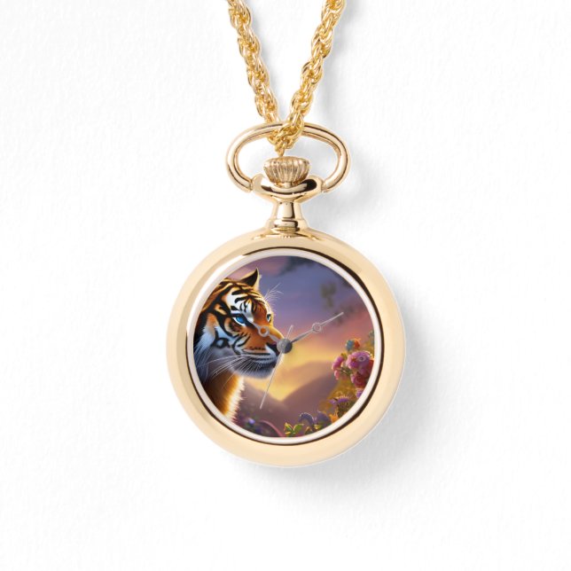 Reloj De Pulsera Tigre de ojos azules y flores rosas (Anverso)