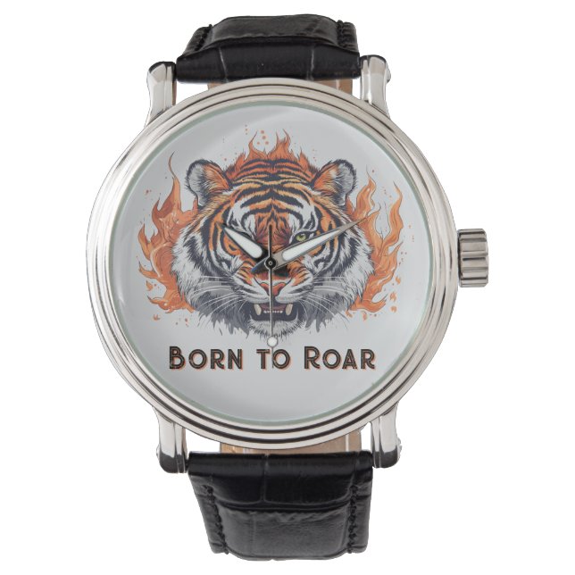 Reloj De Pulsera Tigre fuerte con llamas - Texto de Personalizable (Anverso)