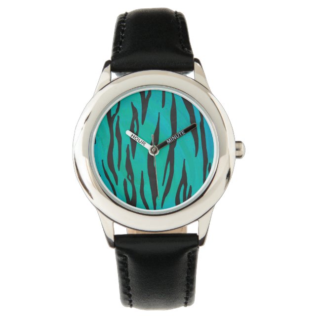 Reloj De Pulsera Tigre negro y estampado azul turquesa (Anverso)