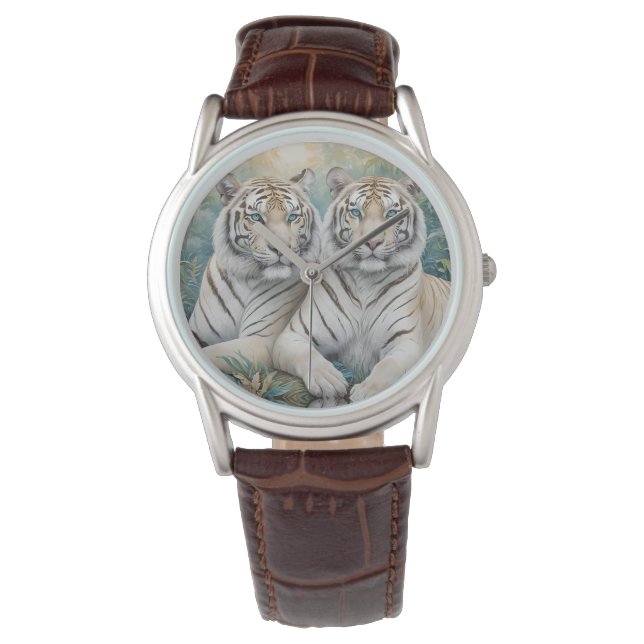 Reloj De Pulsera Tigres dorados pálidos en una selva verde azul (Anverso)