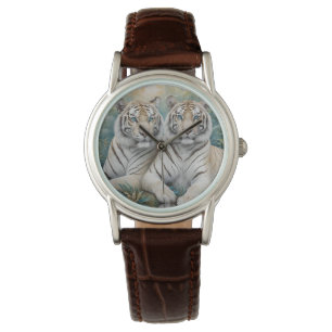 Reloj De Pulsera Tigres dorados pálidos en una selva verde azul