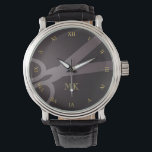 Reloj De Pulsera Tijeras de carbón y monograma<br><div class="desc">Este reloj muestra su monograma y un par de tijeras sobre un fondo gris oscuro,  con números romanos de color dorado. Es un regalo perfecto para un peluquero,  peluquero,  sastre y más.</div>