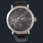 Reloj De Pulsera Tijeras de carbón y monograma<br><div class="desc">Este reloj muestra su monograma y un par de tijeras sobre un fondo gris oscuro,  con números romanos de color dorado. Es un regalo perfecto para un peluquero,  peluquero,  sastre y más.</div>