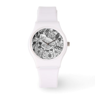 Reloj De Pulsera Tinta de cebra y arbusto rosa