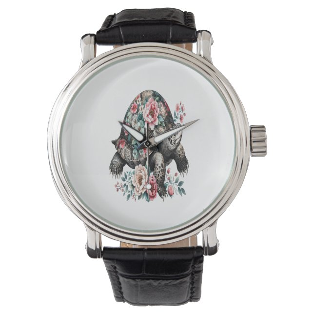 Reloj De Pulsera Tinta y tortuga de lavado con caparazón floral. (Anverso)