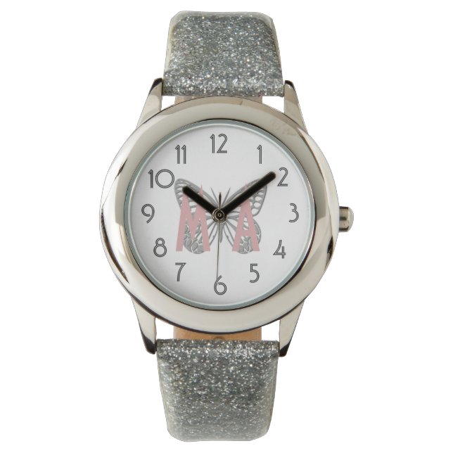 Reloj De Pulsera Todos los Purpurinas mariposa Añadir Iniciales Obs (Anverso)