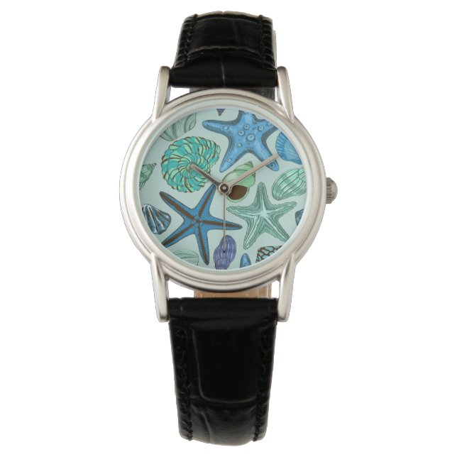 Reloj De Pulsera Tonos De Agujas Azules Y Patrón De Starfish (Anverso)