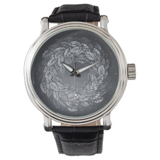 Reloj De Pulsera tonos gris plateado de hojas en círculo