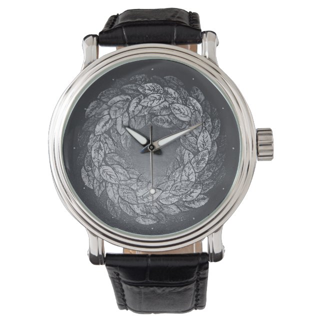 Reloj De Pulsera tonos gris plateado de hojas en círculo (Anverso)