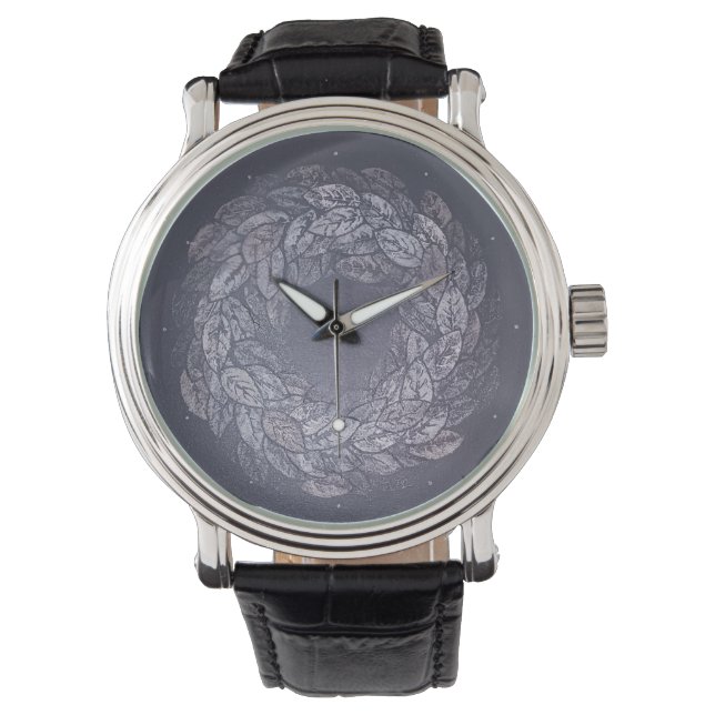 Reloj De Pulsera tonos gris plateado de hojas en círculo (Anverso)