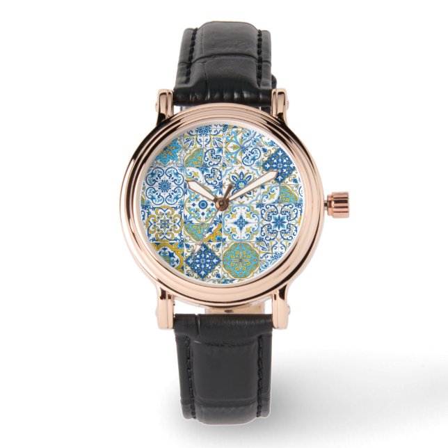 Reloj De Pulsera tonos mediterráneos/ azulejos (Anverso)