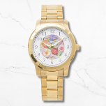 Reloj De Pulsera Tonos pintorescos bordados, mujeres de estilo flor<br><div class="desc">El Faux Embroidered Floral Stylish Womans Watches presenta un moderno y colorido bordado florido en tonos rosa,  violeta,  naranja y rojo sobre un fondo verde pastel. Creado por Evco Studio www.zazzle.com/store/evcostudio</div>