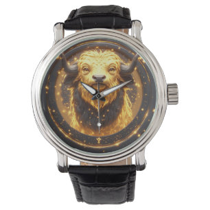 Reloj De Pulsera Toro dorado dentro de una rueda zodiacal circular