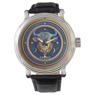 Reloj De Pulsera Toro Tauro Dorado en Círculo Zodiacal Cósmico
