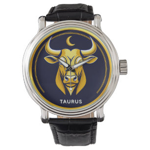 Reloj De Pulsera Toro Tauro Dorado en Círculo Zodiacal Cósmico