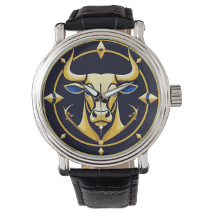 Reloj De Pulsera Toro Tauro Dorado en Círculo Zodiacal Cósmico