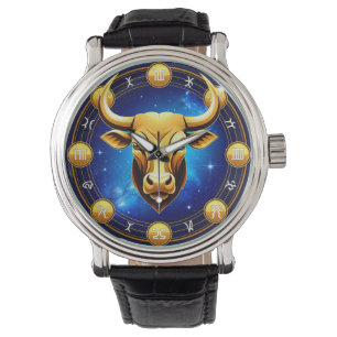 Reloj De Pulsera Toro Tauro Dorado en Círculo Zodiacal Cósmico