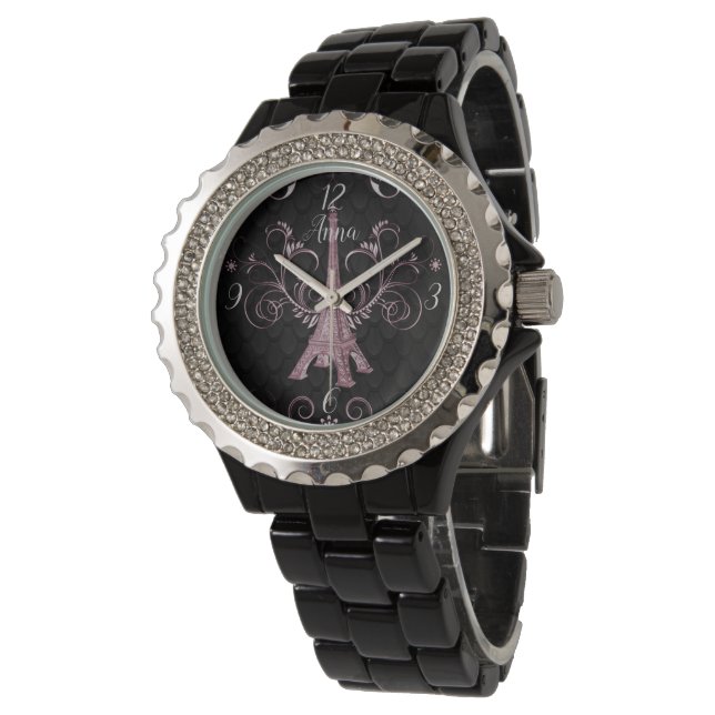 Reloj De Pulsera Torre Eiffel Pink Floral Swirls Watch (Angular)