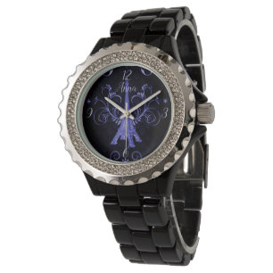 Reloj De Pulsera Torre Eiffel Púrpura Floral Swirls Watch