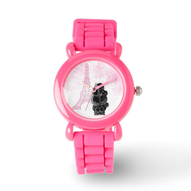 Reloj De Pulsera Torre Eiffel Rosa Retro Black Poodle (Anverso)