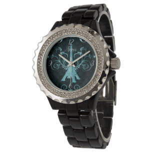 Reloj De Pulsera Torre Eiffel Verde azulada Floral Swirls Watch