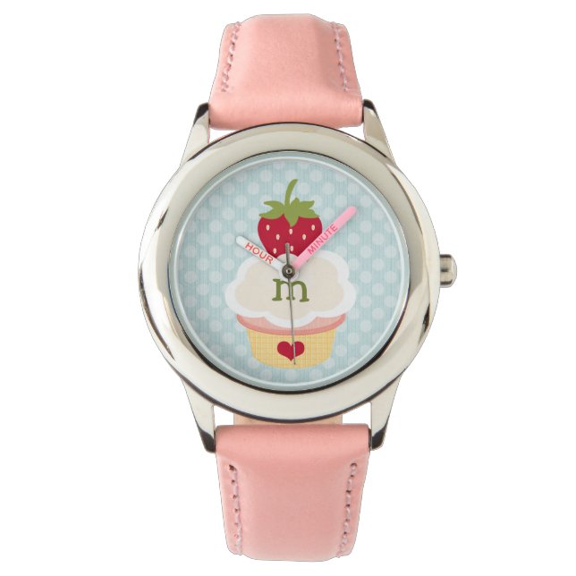 Reloj De Pulsera Torta de fresa azul monogramada (Anverso)