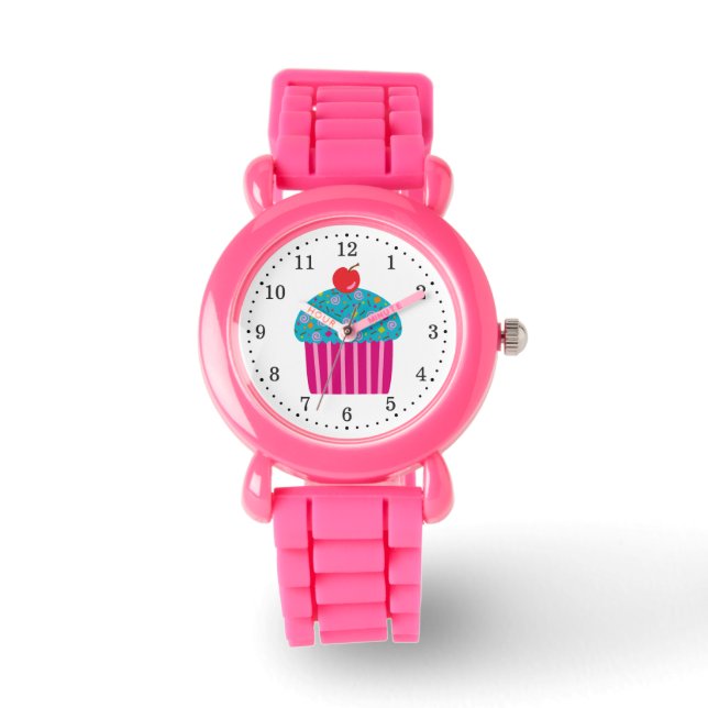 Reloj De Pulsera Torta rosa con cereza roja de escarcha turquesa (Anverso)