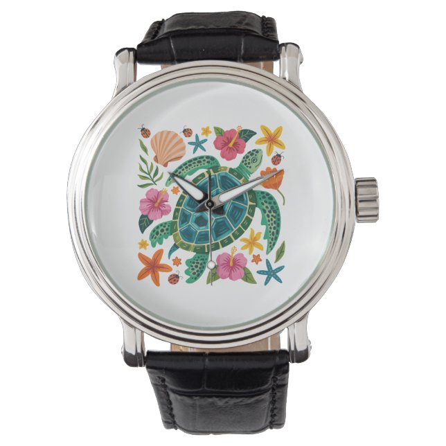 Reloj De Pulsera Tortuga marina floral de Boho (Anverso)