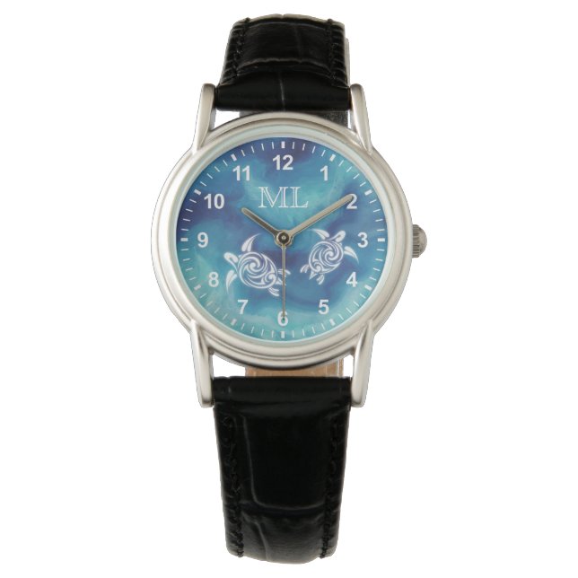 Reloj De Pulsera Tortugas blancas en el monograma acuarela del océa (Anverso)