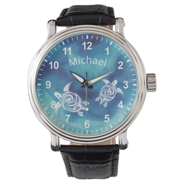 Reloj De Pulsera Tortugas blancas en el océano azul acuarela tu nom (Anverso)